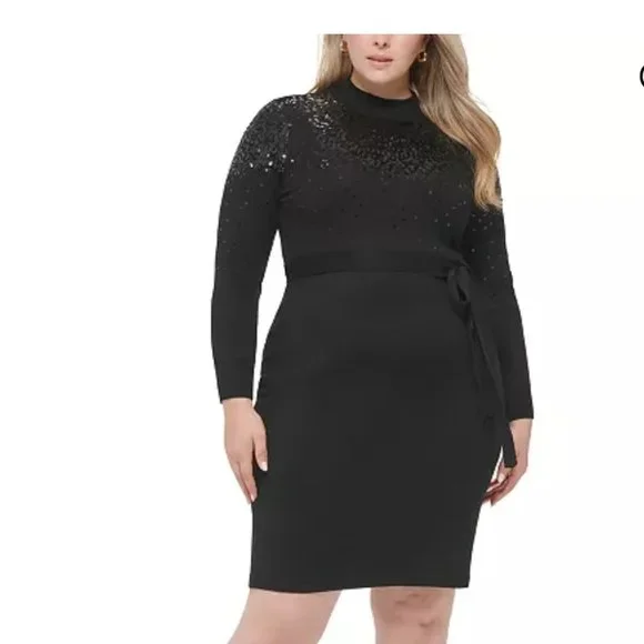 Vince Camuto Womens Plus Sequined Midi Sweaterdress Black 2X